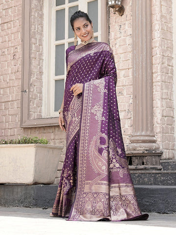 Varanga Purple Cotton Blend Banarasi Saree